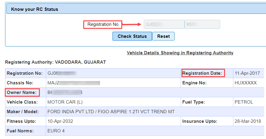 Check vehicle RC details online