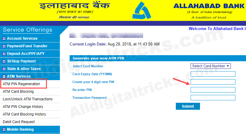 Allahabad Bank Change ATM card Pin online