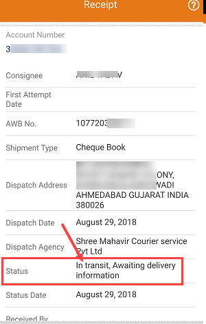 ICICI track chequebook delivery