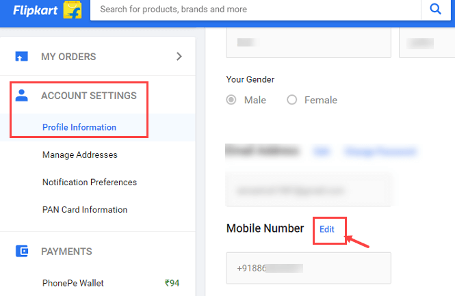 Flipkart change mobile number