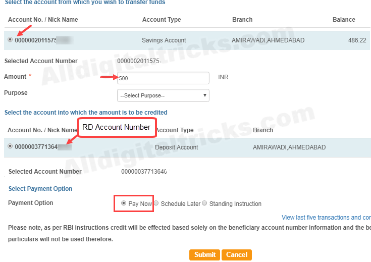 SBI RD Pay monthly installment online