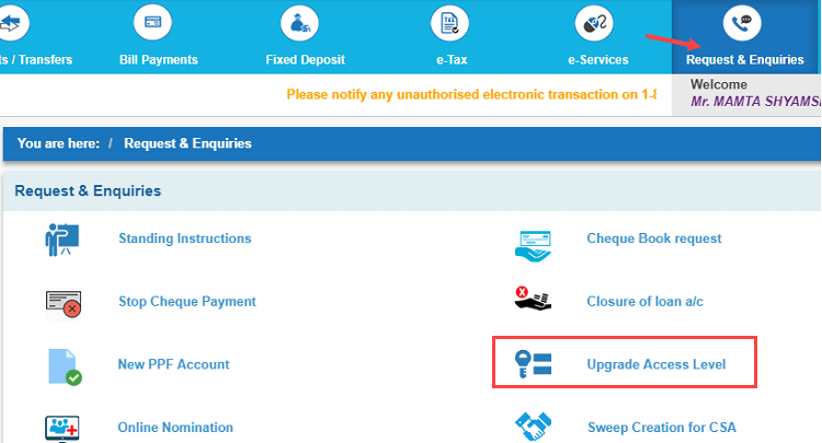 SBI net banking full transactions rights