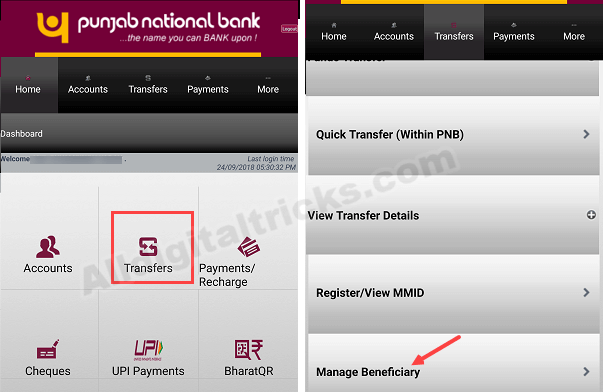 Add Beneficiary PNB Mobile Banking