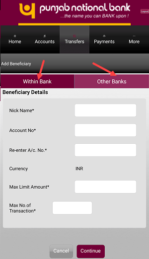 Add Beneficiary PNB Mobile Banking