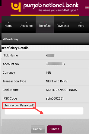 Add Beneficiary PNB Mobile Banking
