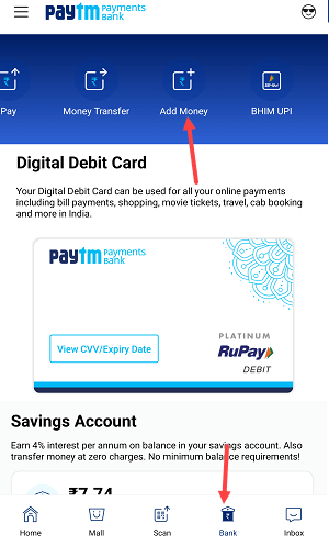 add money paytm saving bank account