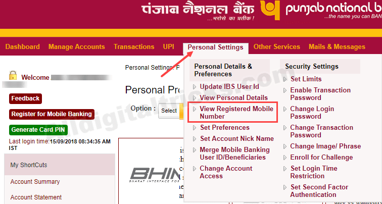 which mobile number registered PNB account