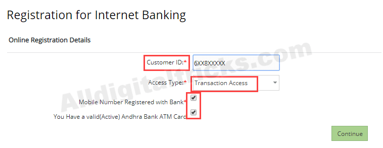 Andhra Bank net banking register online