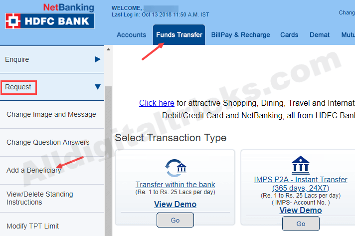 Add Beneficiary HDFC Bank