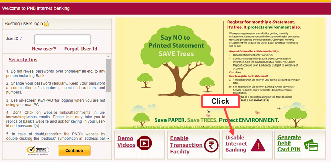 PNB net banking disable block