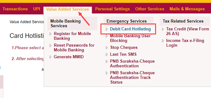 Block PNB Debit card online