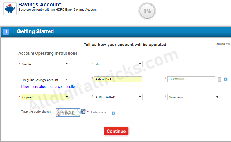 apply online HDFC Saving account