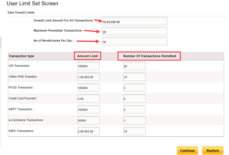 PNB net banking set user limits