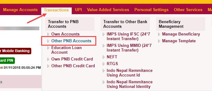 PNB to PNB money transfer net banking