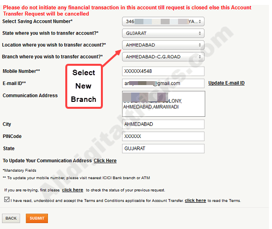 Transfer ICICI Account to another branch