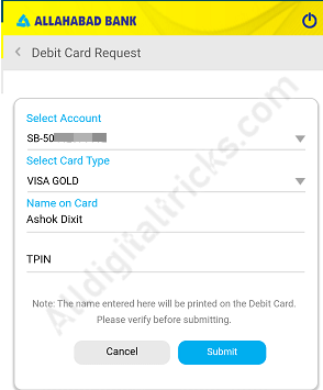Allahabad Bank Apply ATM Debit card online