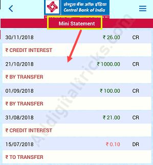 Central Bank of India Mini Statement