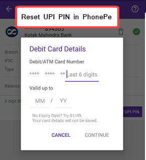Reset UPI PIN PhonePe