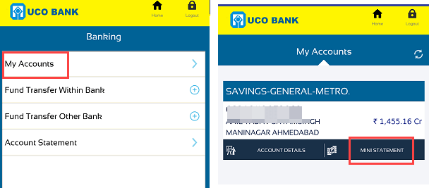 UCO Bank Mini Statement