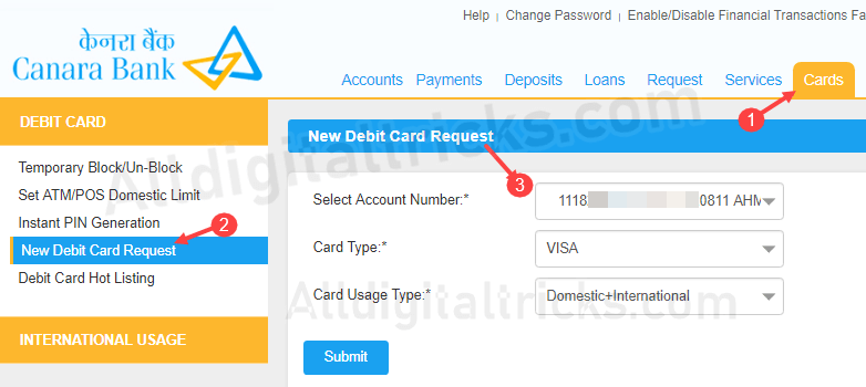 apply Canara Bank Debit card online