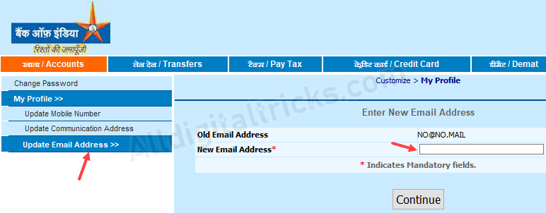 Register/Change Email Address in Bank of India (BOI) Online