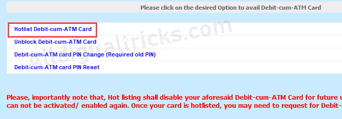 block hotlist BOI ATM Debit Card