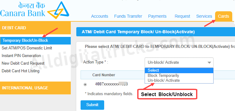 Block Unblock Canara Bank ATM Debit card