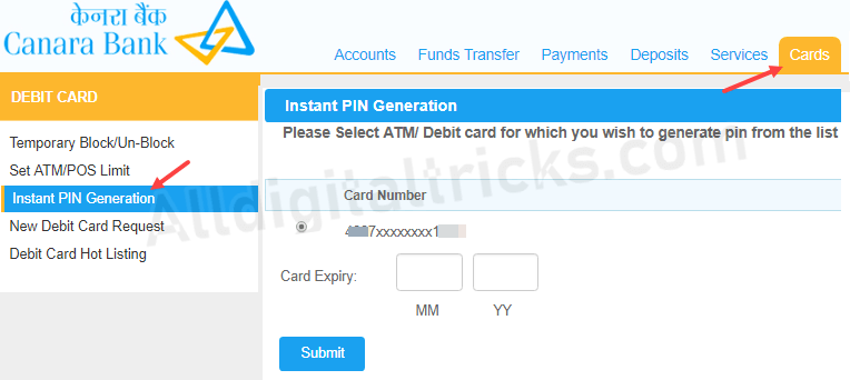 Canara Bank ATM Pin generation online
