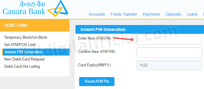 Canara Bank ATM Pin generation online