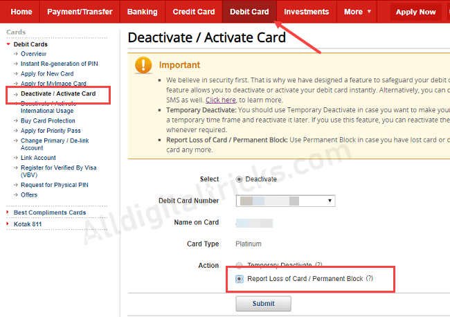  Permanent Block Kotak Bank Debit Card 