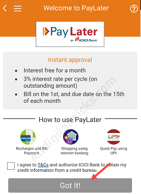 PayLater on ICICI iMobile
