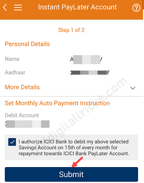 PayLater on ICICI iMobile