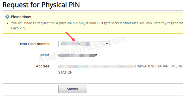 Kotak Request Physical ATM PIN 