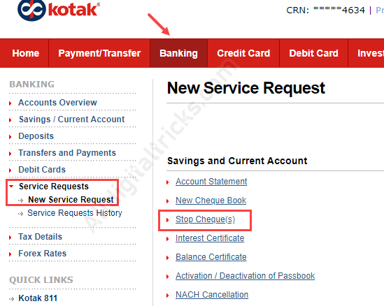 Kotak Bank - How To Stop Cheque Payment online 