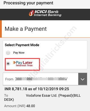 Pay Online Using ICICI Pay Later