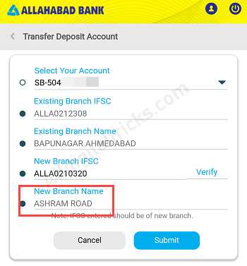 Change Allahabad Bank Branch Online | Transfer Account Allahabad bank Online