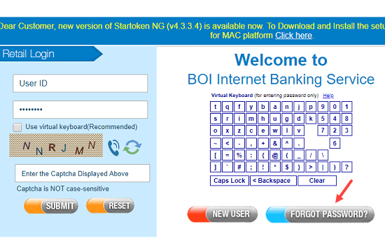 Bank of India (BOi) net banking reset login password