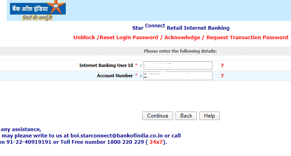 Bank of India (BOi) net banking reset login password