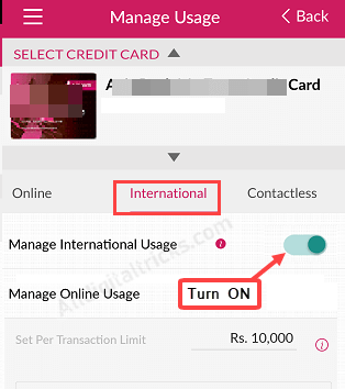 axis credit card International usage