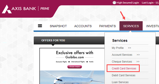 axis credit card services