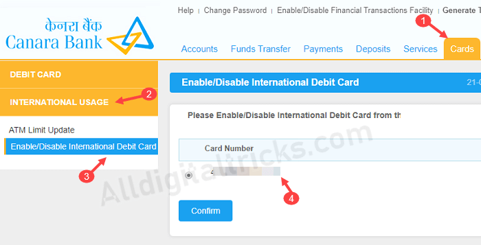 Activate International transactions for Canara Debit card