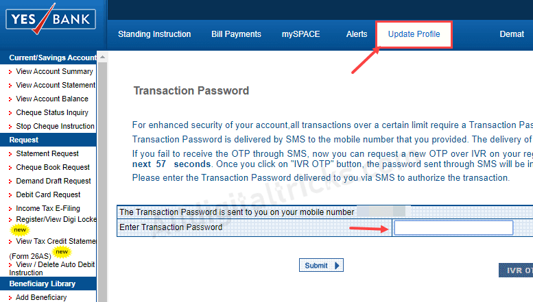 change register email Yes bank online