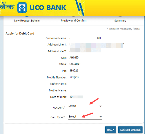 UCO bank New Debit card Apply online