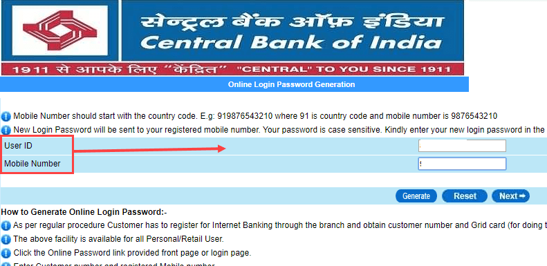 Reset Central Bank of India Net Banking Login Password