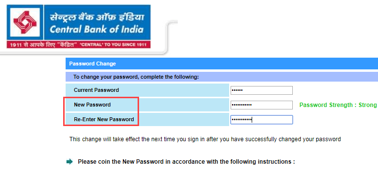 Reset Central Bank of India Net Banking Login Password