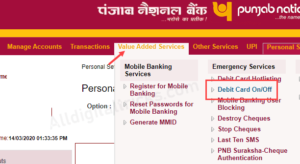 Switch ON OFF PNB ATM Debit card (Punjab National Bank)