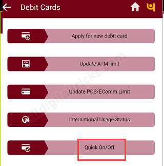 Switch ON OFF PNB ATM Debit card (Punjab National Bank)