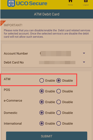 Disable UCO ATM Transaction
