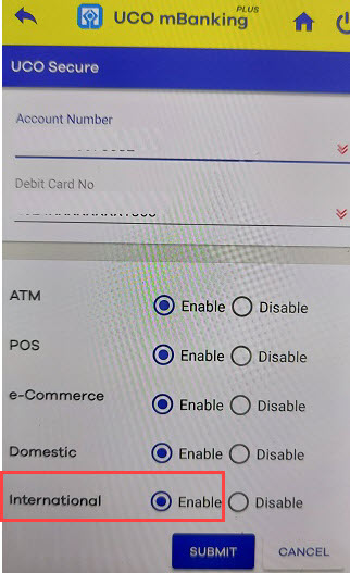 Activate International Transactions for UCO Debit card