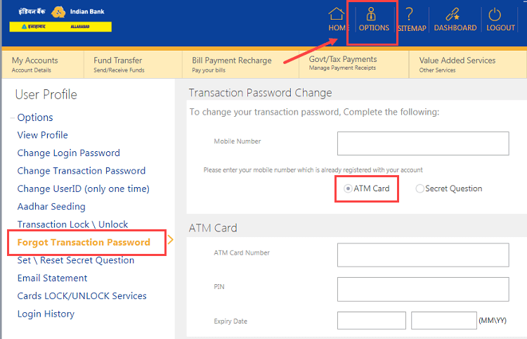 Indian Bank Transaction password reset